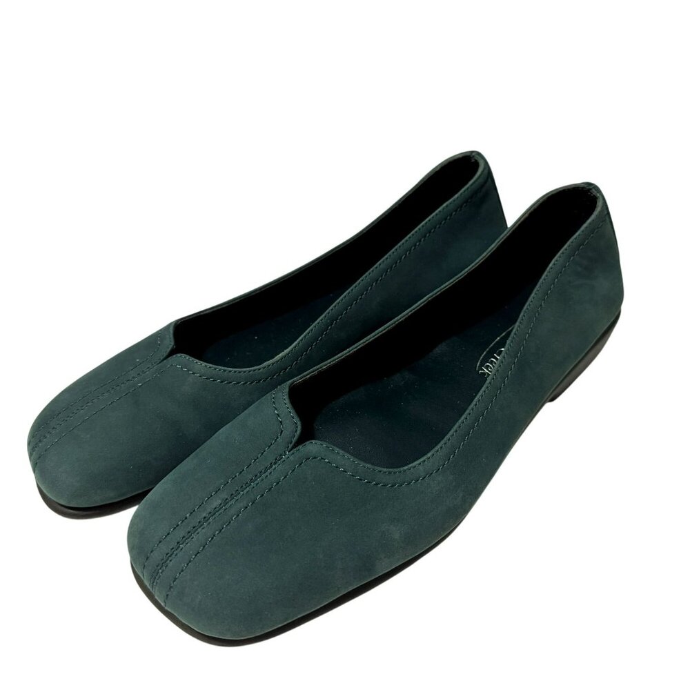 Coldwater Creek Center Stitch Spruce Suede Square Toe Slip-On Flats Sz 8 NEW